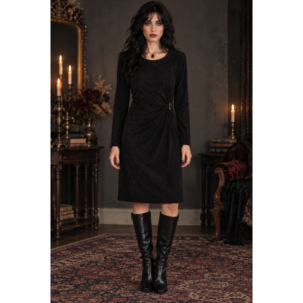 90s Dark Romantic Black Faux Suede Dress David Warren Size 10